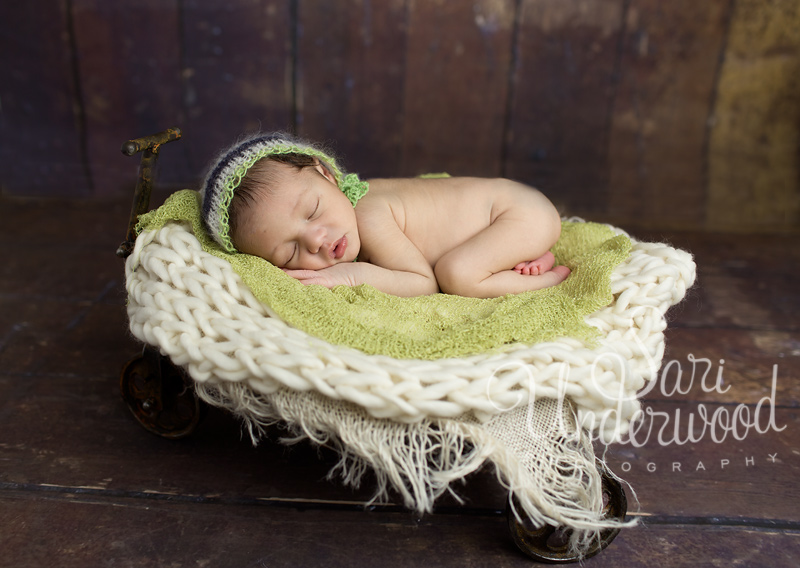 sweet newborn boy in a vintage little wagon